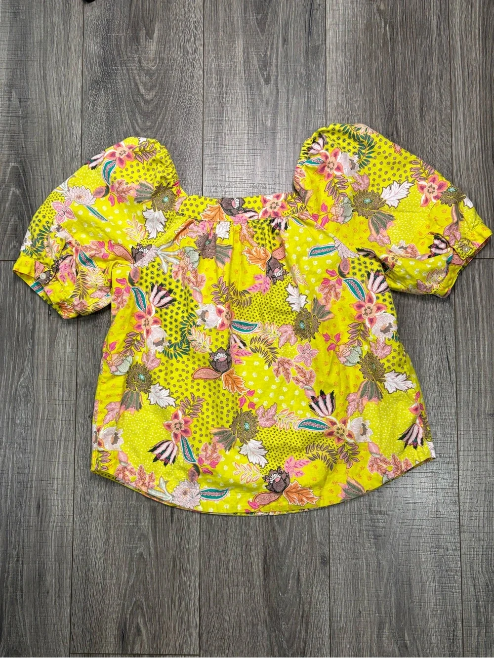 LOFT Women’s Small Yellow Multicolor Floral Puff Sleeve Blouse
